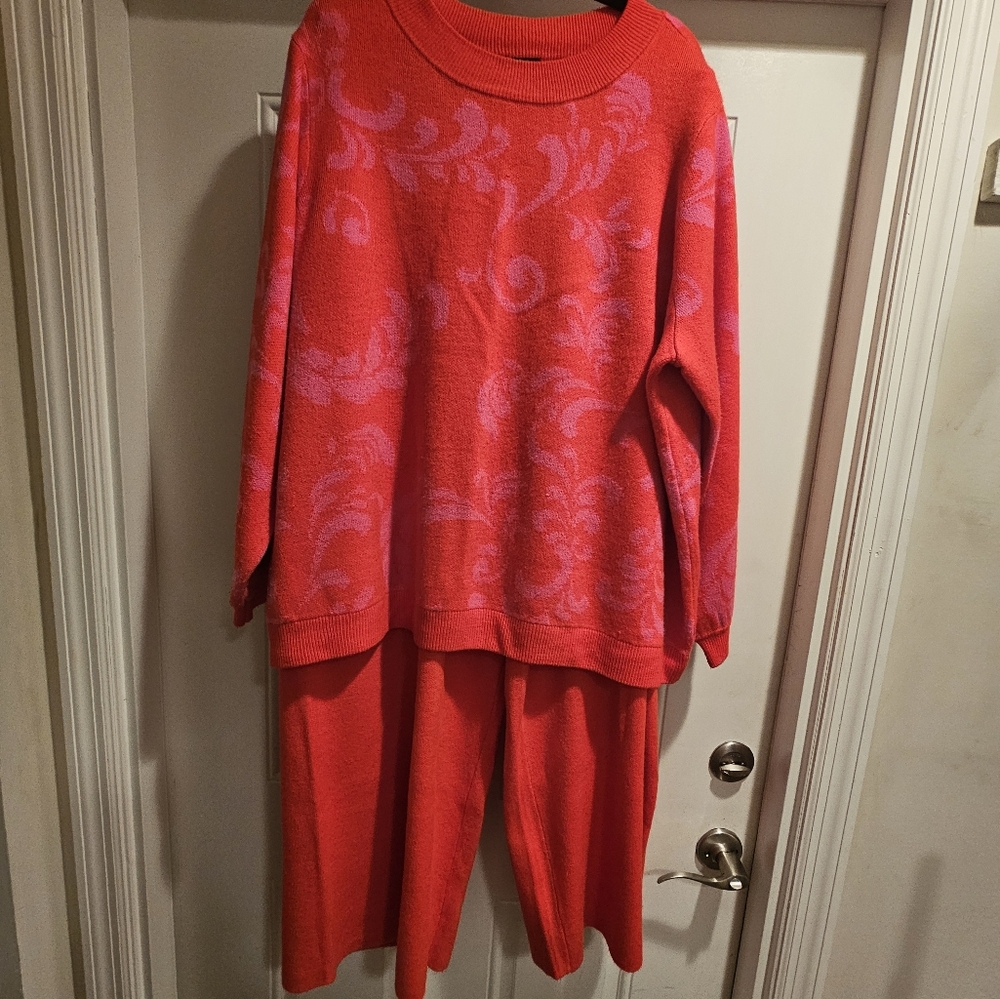 Vibrant Red and Pink G.I.L.I Knit Wide Leg Pant and Jacquard Knit Sweater Set 3X